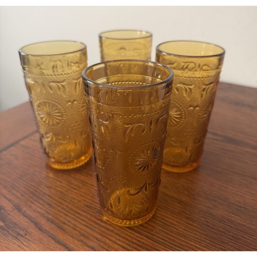 Set Of 4 Vintage American Concord Amber by Brockway Glass Co. Flat Tumblers 5.5”